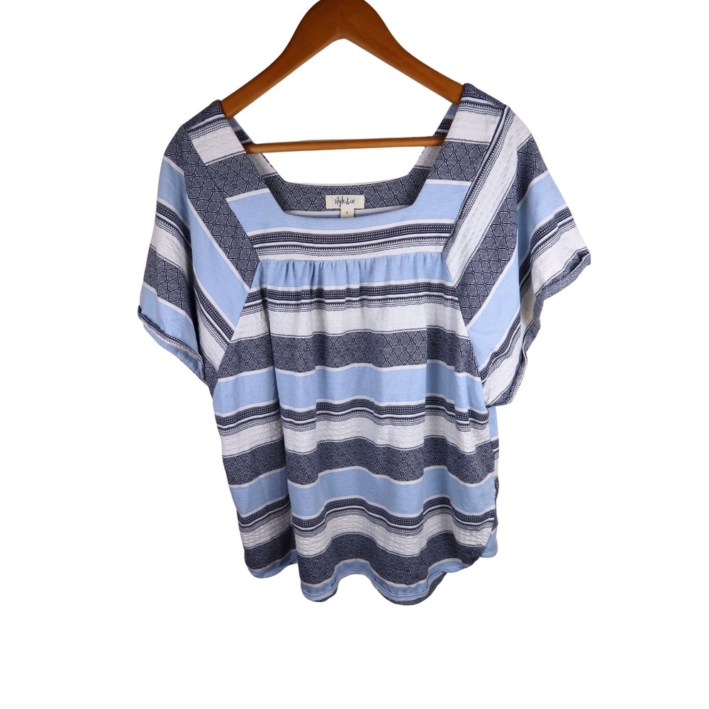 Style & Co Blue White Striped Square Neck Blouse Top Large Short Sleeve Boho